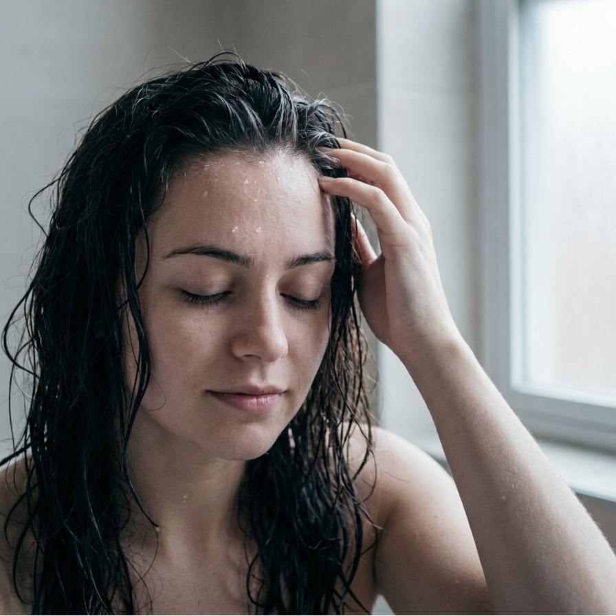 A woman with wet, dark hair looks downward with her hand running through her hair in a softly lit bathroom setting.