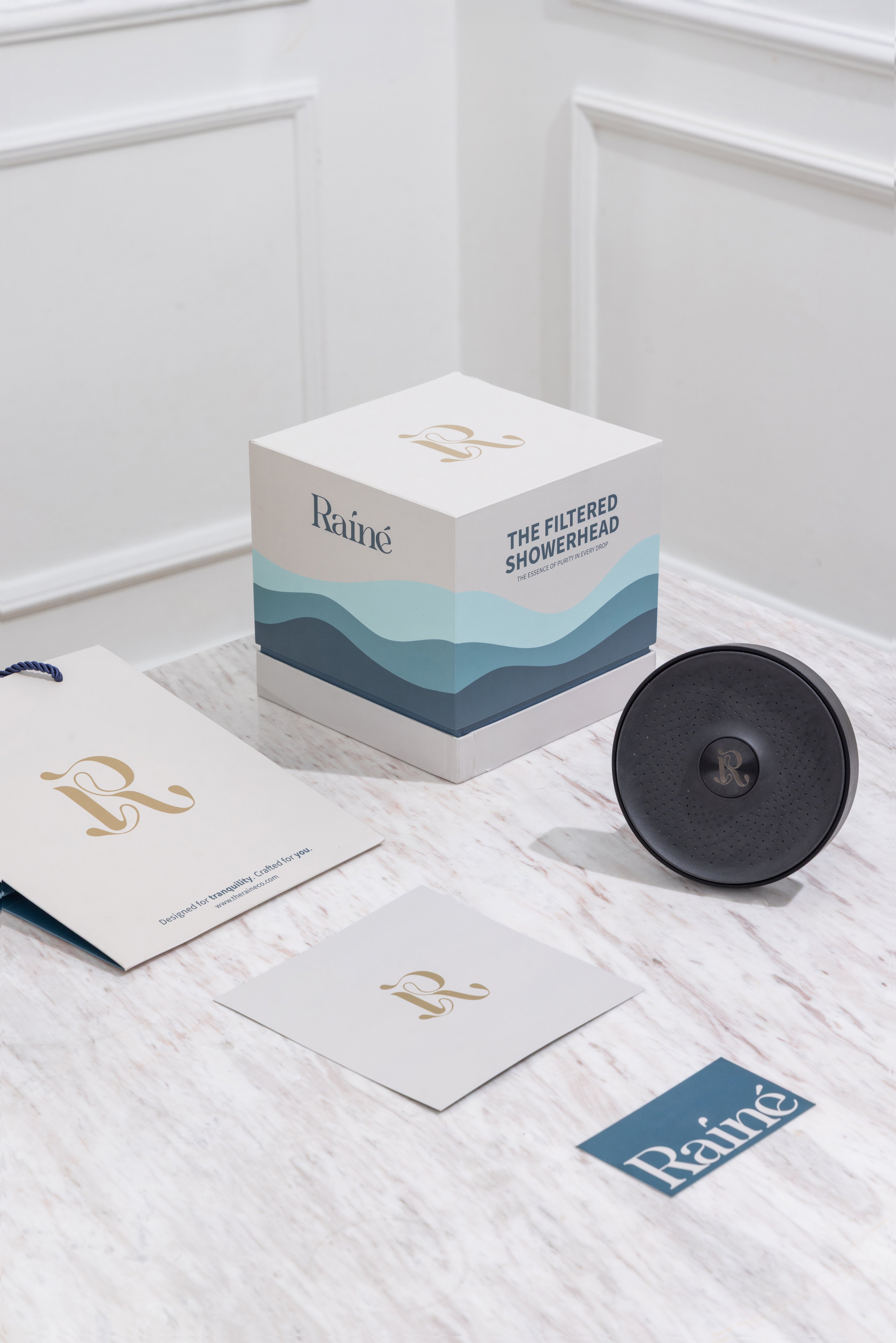 Rainé showerhead premium packaging contents